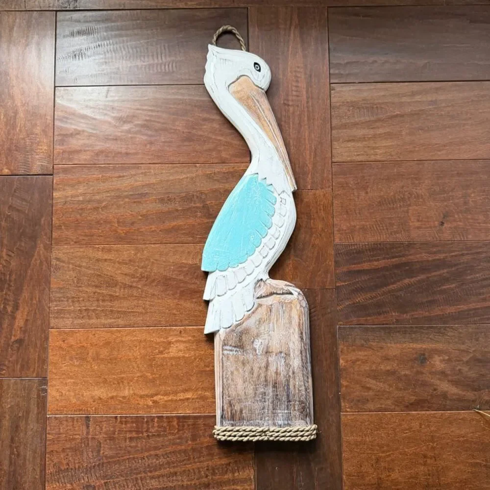 Hand Carved Wood Pelican Wall Plaque Aqua Coastal Rope Accent 24 Inch